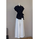 Fall 2025 New French Style Black Belt Waist Design Shoulder Version Of Short-Sleeved Professional Shirt Set