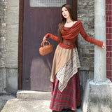 Xinjiang Sichuan West Tourism Wear Set Two Sets Of One-Word Shoulder Hanging Neck Long-Sleeved Shirt + Folding Retro Lattice Skirt