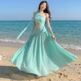 2026 Summer New Temperament Slanted Shoulder-Back Sleeveless Dress Seaside Holiday Fairy Chiffon Long Dress