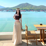 Burning Cuban Hanging Neck-Luck Shoulder Coat / Holiday Wind Heavy Industry Rice White Letter Retro Low-Waist Half Skirt
