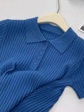 This Year's Popular Polo Collar Blue Knitted Short-Sleeved T-Shirt Woman 2025 New Slimming Blouse