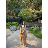 2025 New Green Jersey Ink Green Jiangnan Smoke Rain Shawl Sling Dress To Collect The Waist Thin Temperament Dress