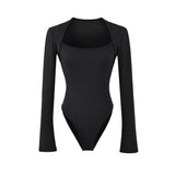 Grey Street Long-Sleeved T-Shirt Girl Spring And Autumn Slimming Square Collar Shoulder Knitting Hottie Bottom Top