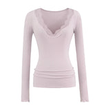 Lace V Collar Inside The Bottom Shirt Women's New Low-Collar Pure Sexy Tea Art Long-Sleeved White Top