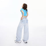 Vintage High-Waist Loose Broad Leg Trousers After Buckle Design Sense Adjustable Scissor Pants Jeans Woman
