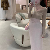 Girls In Wool Group V-Neck Knitted Sweater / Height Waist Skirt Lazy Daily Commute