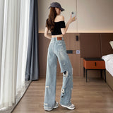 Super Fire Hole Jeans Women Summer Thin Pear Shape Tall Waist Small Broad-Legged Beggar Straight Tube Tug Trousers