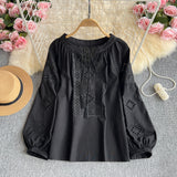 Vintage National Style New Chinese Lantern Sleeve Shirt Women's Summer Loose Thin Tweed Heavy Industry Embroidery Hollow Top