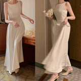 Korean Chic Gentle Wind And Light Luxury High-Level Shoulder Design Sense High Waist Thin Sleeveless Long Dress 3 Colors