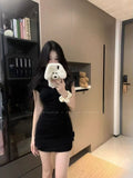 Spice Girls Black V-Necked Twinning Short-Sleeved Dress Women Summer Slim Short Skirt Temperament Pocketed Skirt