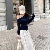 Yuanqi Miu Girl Yuan Ying The Same Miu Series Oblique Shoulder Knit Shirt Word Shoulder Side-Sclender New Top Woman