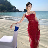 Red Engagement Dress High-End Light Luxury Niche Heavy Industry Lace Sexy Fish Bone Corset Corset Corset Corset Wedding Dress