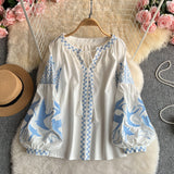 Bohemian Wind Heavy Industry V-Neck Embroidered Shirt Female Korean Version Long Sleeve Loose Tussel Design National Wind Top