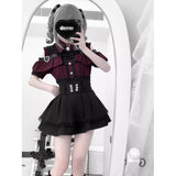 Hottie Lace Shirt Top High Waist Half Skirt Fashion Personality Open-Shoulder Design Thin Two-Set Set
