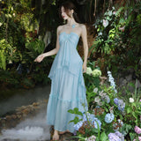 Design High-Grade Tea Break French Chic Beauty Small Fragrant Wind Seaside Holiday Nile Blue Hanging Neck Dress