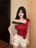 Net Red Pure Lust Lace Lace Slant Shoulder Vest Three-Dimensional Lace Han Han Yen Age-Reduced Sleeve Sexy Slimming Top