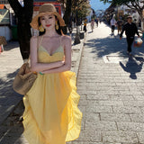 2025 Light Yellow Lattice Holiday Wind And Wind-Dew Back Dress Dopamine Island Beach Hanging Neck Beach Dress