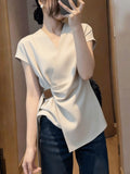French Temperament V-Neck Short-Sleeved T-Shirt Women's 2026 Summer New Collection Of Thin Irregular Shirt Chic Top