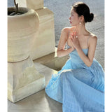 New Blue Ocean Hanging Neck Sling Bare Back Dress Women Summer Small Seaside Beach Skirt