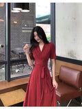 New Women's French Retro Orange Truss Dress Medium Long V To Receive Thin Dress Women's Lace French Elegance