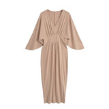 French Temperament Folded V-Neck Seven-Sleeved Dress Women's Knitted Long Dress Open Pocketed And Waist-Poked Skirt New