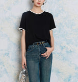 Clamming Lace Embroidery Round Collar Shoulder Short-Sleeved T-Shirt Topess Women 2025 Summer