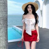 Vacation Red Dress Heat Neon Bow Small Broken Flower Age Reduction Set A Word Shoulder Girl Summer Short Skirt Two Sets