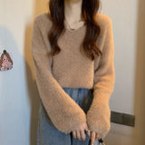 Winter New Women's Gentle Wind Temperament Knitted Sweater Soft Glutinous Wind V Collar Lazy Top Loose Water Marinade