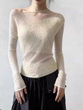 Design Sense Of White Mesh Splicing Knitted Shirt T-Shirt New Irregularly Permeable Slanted Shoulder Coat