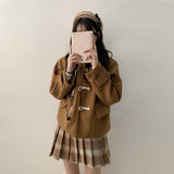 Korean Chic Autumn And Winter Retro Aging Horn Buckle Hood Loose Short Hair Coat Coat 3 Colors