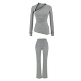 Kardashian Comfortable Skin Irregular Collar Repair Body Folded Waist Trousers Autumn Casual Set