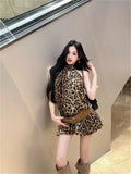 Sexy Leopard-Tried Back Hollow Strapped With Hanging Neck Dress Summer New Waistless Belt Flower Tard Skirt