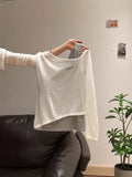 Fake Two Embroidered Oblique Shoulder-To-Shoulder Women's Autumn New Small Sweet Little Through The Long Sleeves Bottom Shirt Top