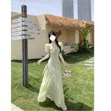 Summer Gentle Lotus Leaf Side V-Neck Bubble Sleeve Dress Large-Size Fat Mm Temperament With Lumbar Texture Long Dress
