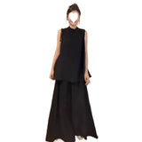 Cotton Tungsling Old Money Style Sports Suit Women's Summer Air Sleeveless Tops Wide Leg Trousers Casual Two Sets