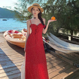 2025 New Retro Pure Red Strap Slings Broken Flower Dress Women's Waist Thin Temperament Dress