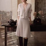 Soft-Cough Light Milk Tea Elegant Italian Cashmeal Knitted Blouse + Skirt Set