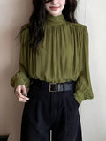 2026 Early Spring New French High-End Light Luxury Green Wrinkled Dens Downsted Shirt Women's Professional Commuter Shirt