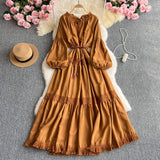French High-End Lace Splicing Strap To The Waist Lantern Sleeve Dress Female Thin Temperament Over The Knee Dress