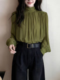 2026 Early Spring New French High-End Light Luxury Green Wrinkled Dens Downsted Shirt Women's Professional Commuter Shirt