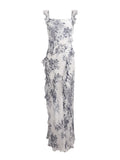 French Lotus Side Collar Broken Flower-Dew Sling Dress Women's Summer Waist Dress