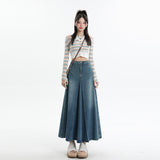 Vintage Washing Denim Half-Dress Woman Autumn A Big Skirt Splicing Medium Long Skirt High Waist Retro Style