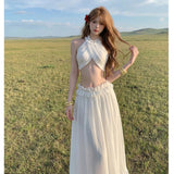 White Hanging Neck Waist Skirt Suit Female Summer Seaside Holiday Fairy Long Half Skirt Two-Piece