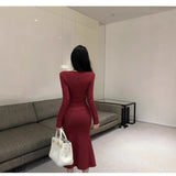 French Red Long-Sleeved Neck Dress Women's Autumn And Winter Christmas Wearing Sexy Ass Fishtail Birthday Dress