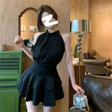 Summer Gold Sense Court Style High-End Pure Desire Blouse Leaf Half Dress Two-Piece Dress Dress Woman