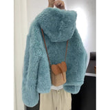 2025 Autumn And Winter Trend Korean Imitation Lamb Hair Hooded Short Coat Small Man Showing High Blue Hair Super Temperament