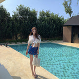 Seaside Holiday Dopamine Wearing French-Style Extras Tied With Short Shirt Blue Floral Half-Dress Suit