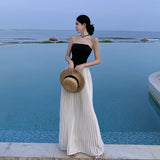 French Temperament Elegant Name-Word Shoulder Dress Women's New Beautiful Beautiful Breast Splicing 100 Folded Skirt