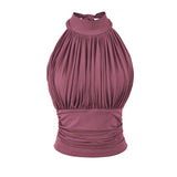Korean Version Of Sexy Hottie Folded Short Folded Folded Body Shoulder Hanging Neck Vest Thin Solid Color Wearing T-Shirt New