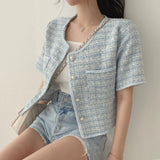 Korean Chic Spring And Summer French Small Fragrant Wind Pearl Buckle Round Necker Coarse Flowers Short Sleeves Jacket Topess